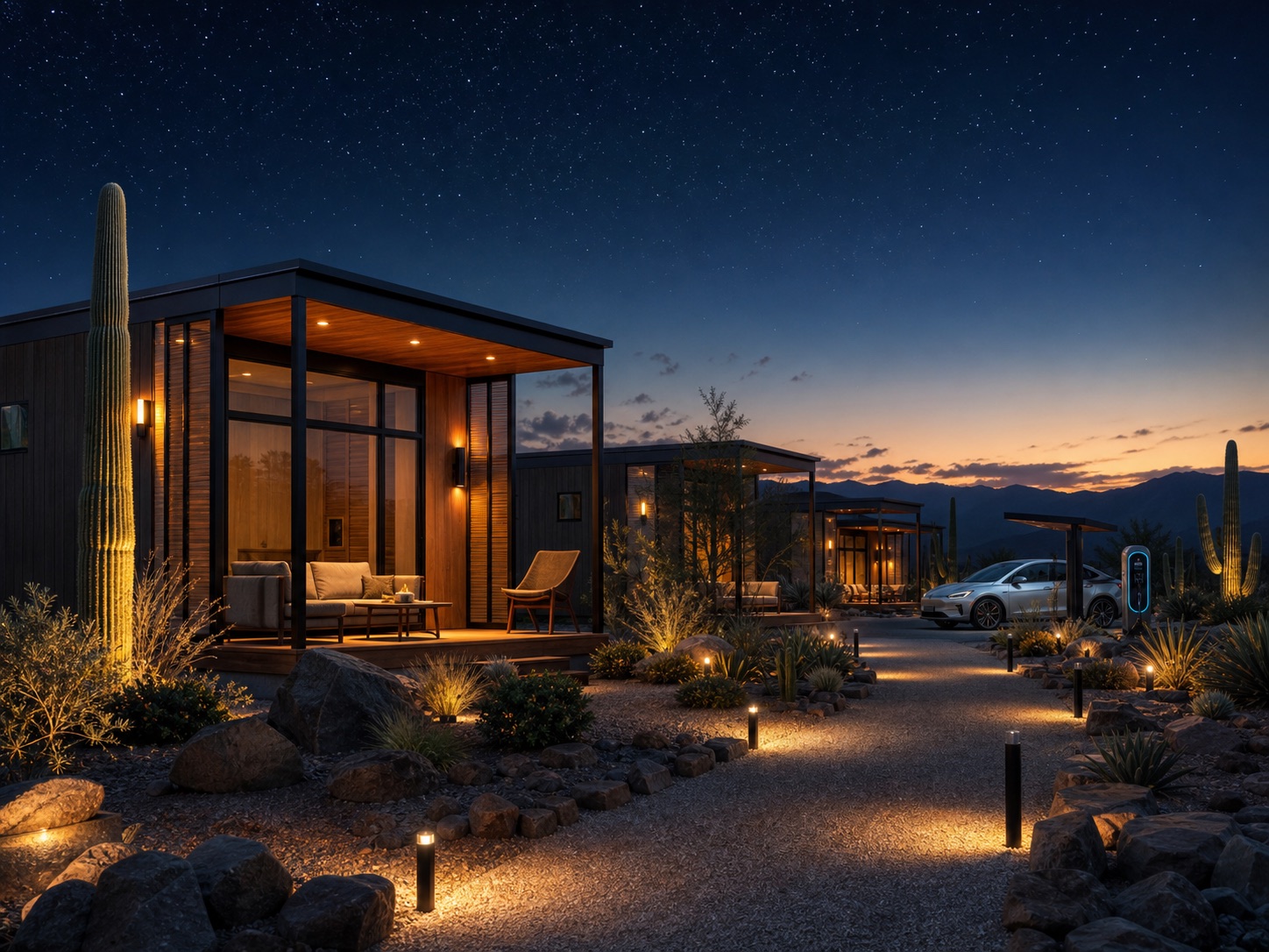 Desert tiny homes glowing warmly beneath a twilight sky.